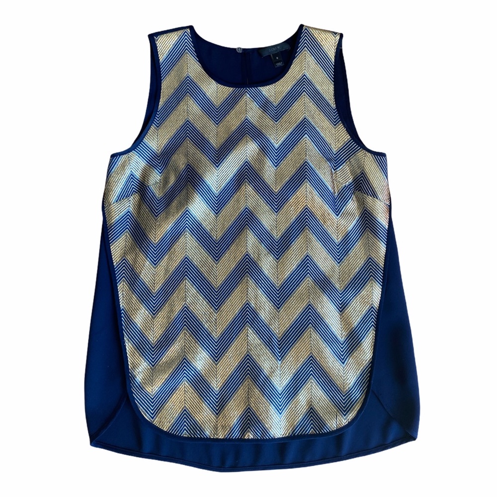 J. Crew Navy Blue + Gold Zig Zag Top Metallic 0 XS